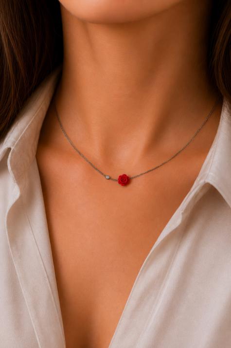 Chain necklace with 0.05ct diamond and flower in black gold bezel setting - Redline - 0++
