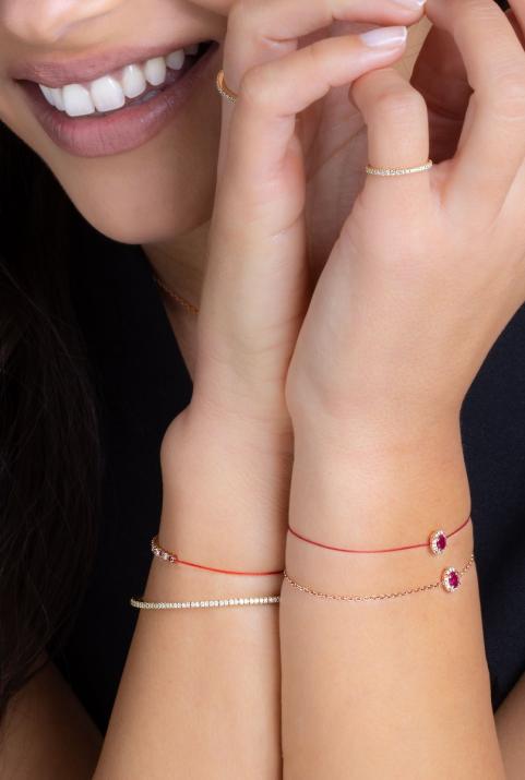Ruby and diamonds string bracelet in rose gold prong setting - Redline - 0++