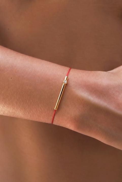 String Bracelet For Women with 0.05ct Round Diamond in Yellow Gold Bezel Setting - Redline - 0++