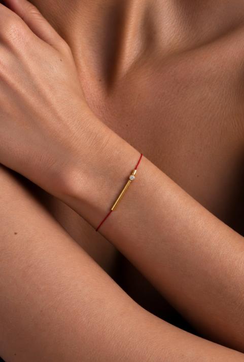 String Bracelet For Women with 0.05ct Round Diamond in Yellow Gold Bezel Setting - Redline - 0++