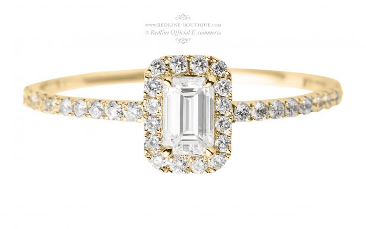 Ring band with emerald-cut diamond in yellow gold prong setting - Redline - 0++