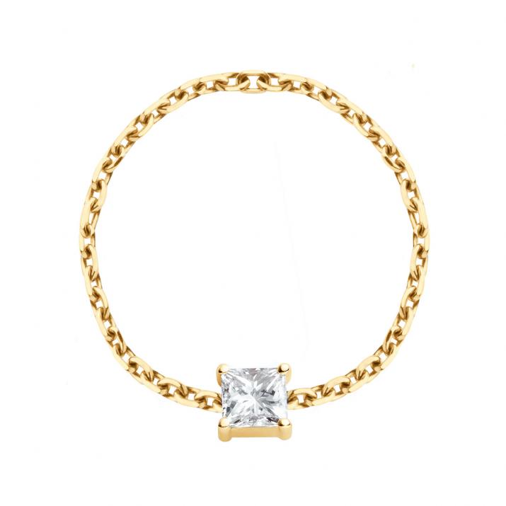 Chain ring with 0.11ct princess cut diamond in yellow gold prong setting - Redline - 0++