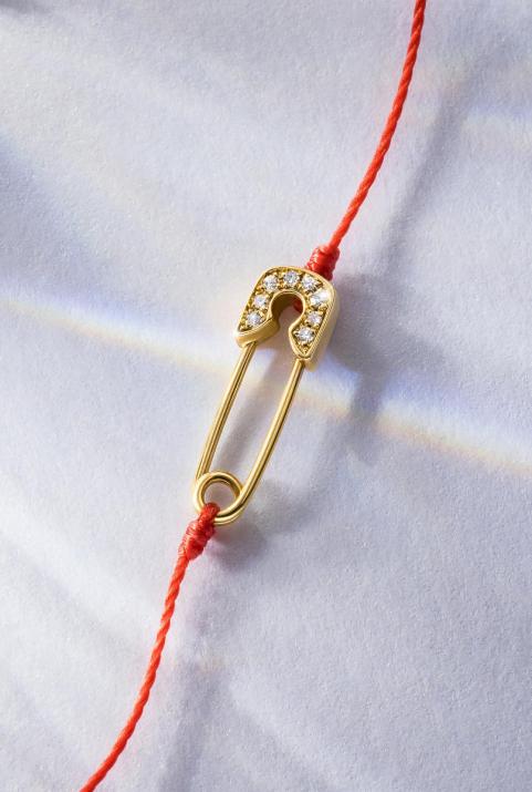 String bracelet with diamond-paved safety pin in yellow gold - Redline - 0++