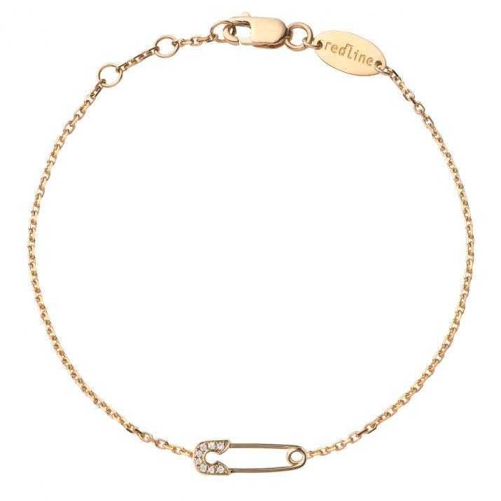 Yellow gold chain bracelet with diamond-paved safety pin - Redline - 0++