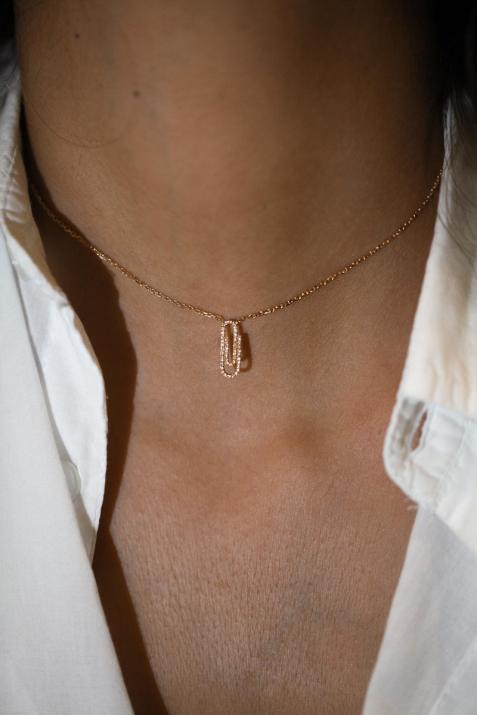 Yellow gold chain necklace with diamond-paved paper clip - Redline - 0++