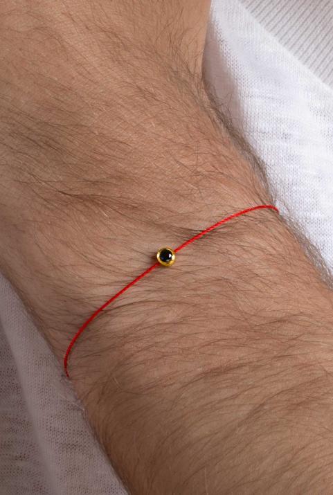 String Bracelet For Men with 0.10ct Round Black Diamond in Yellow Gold Bezel Setting - Redline - 0++