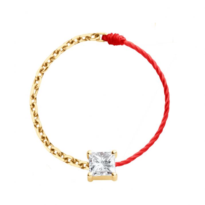 String and chain ring with 0.11ct princess cut diamond in yellow gold prong setting - Redline - 0++