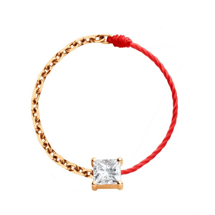 String and chain ring with 0.11ct princess cut diamond in rose gold prong setting - Redline - 0++