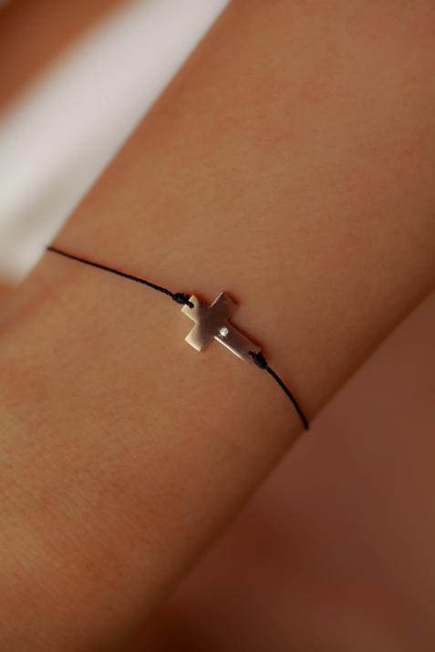 String bracelet with diamond on a cross in yellow gold - Redline - 0++