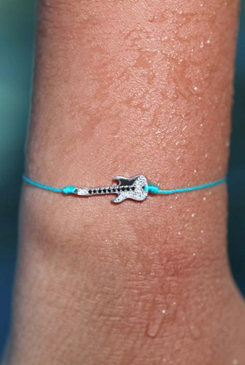 String bracelet with black and white diamond-paved guitar in white gold - Redline - 0++