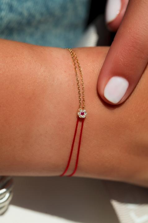 String and chain bracelet with white diamonds and a pink sapphire in yellow gold cluster style setting - Redline - 0++