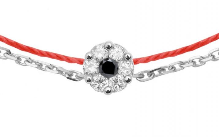 String and chain bracelet with white diamonds and a black diamond in white gold cluster style setting - Redline