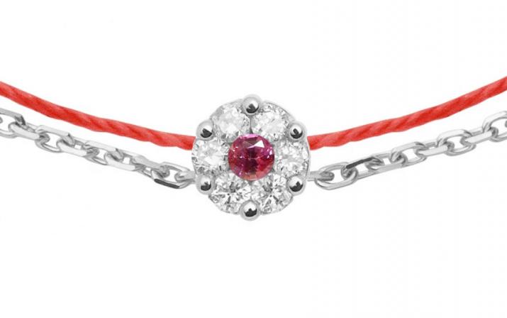 String and chain bracelet with white diamonds and a pink sapphire in white gold cluster style setting - Redline