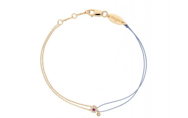 String and chain bracelet with white diamonds and a pink sapphire in yellow gold cluster style setting - Redline