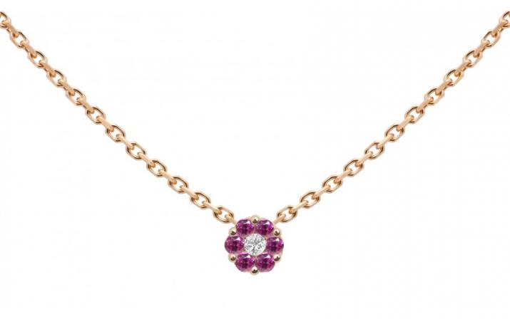 Chain necklace with pink sapphires and a white diamond in rose gold cluster style setting - Redline