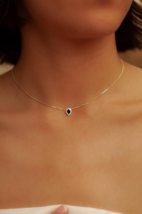 Onyx and diamonds chain necklace in yellow gold prong setting - Redline - 0++