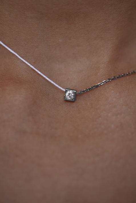 String and chain necklace with 0.1ct diamond in black gold square bezel setting - Redline - 0++