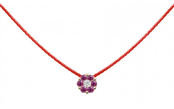 String necklace with pink sapphires and a white diamond in yellow gold cluster style setting - Redline - 0++