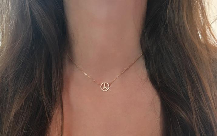 Rose gold chain necklace with diamond-paved peace & love - Redline - 0++