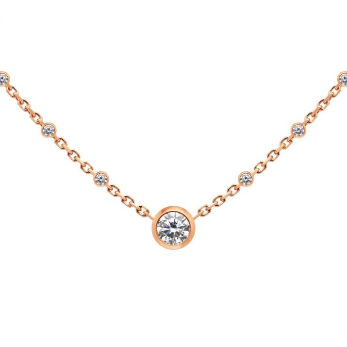 Chain necklace with little diamonds around a diamond in rose gold bezel setting - Redline - 0++
