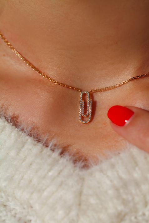 Yellow gold chain necklace with diamond-paved paper clip - Redline - 0++