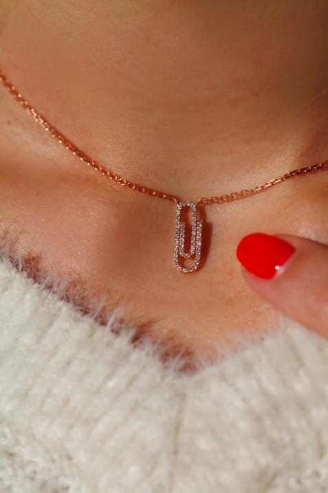 Rose gold chain necklace with diamond-paved paper clip - Redline - 0++