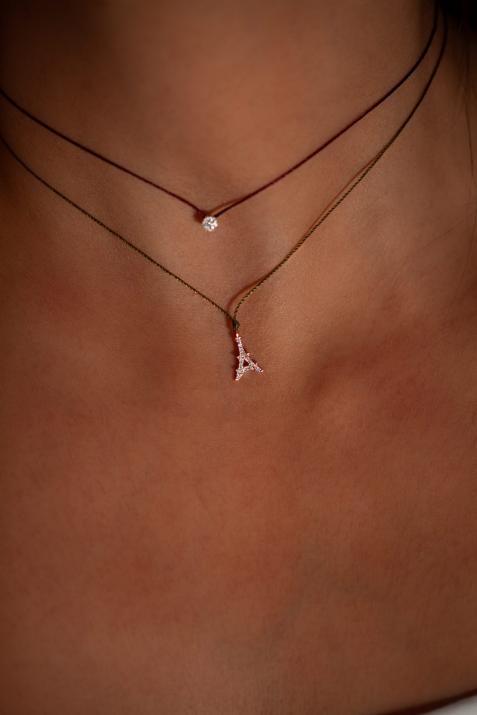 String necklace with diamond-paved Eiffel Tower in rose gold - Redline - 0++