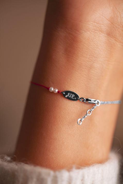 String-Chain Bracelet For Women with 0.155ct Round Diamond Pearl in Black Gold Bezel Setting - Redline - 0++