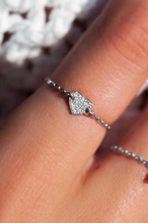 White gold chain ring with diamond-paved heart - Redline - 0++