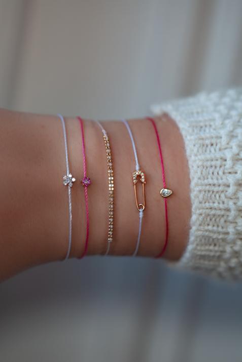 String bracelet with diamond-paved safety pin in rose gold - Redline - 0++