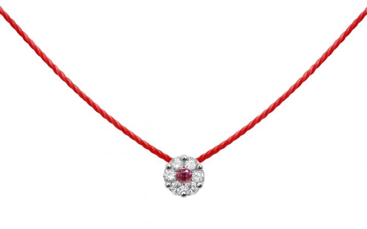String necklace with white diamonds and a pink sapphire in white gold cluster style setting - Redline - 0++
