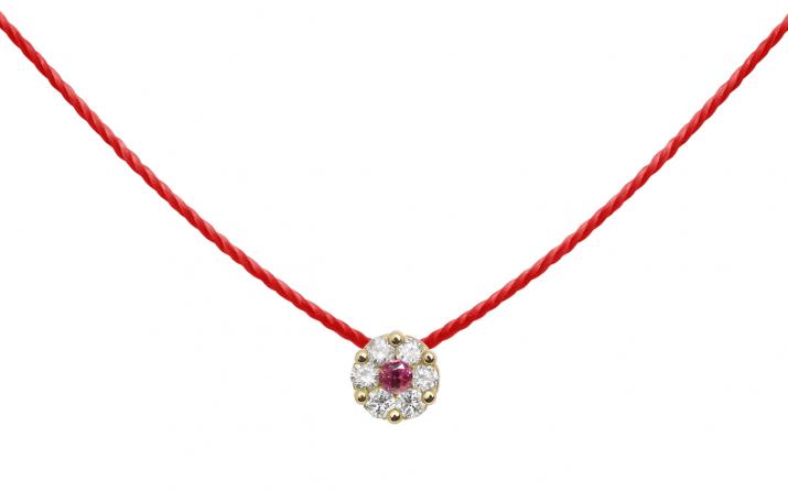 String necklace with white diamonds and a pink sapphire in yellow gold cluster style setting - Redline - 0++