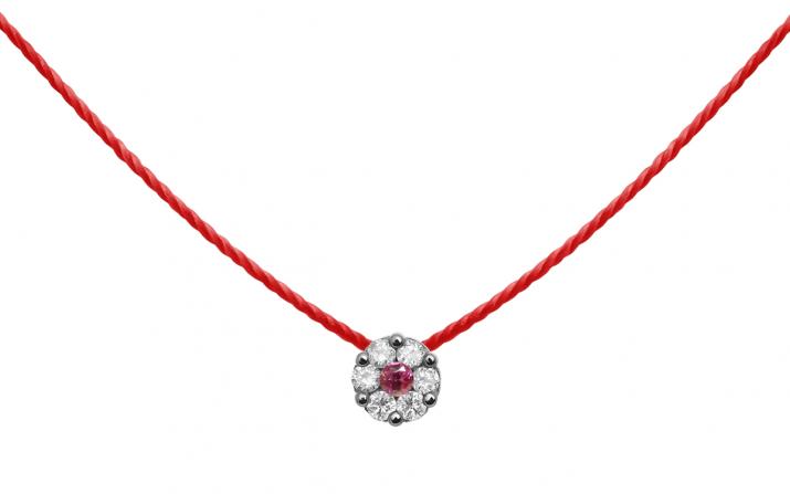 String necklace with white diamonds and a pink sapphire in black gold cluster style setting - Redline - 0++