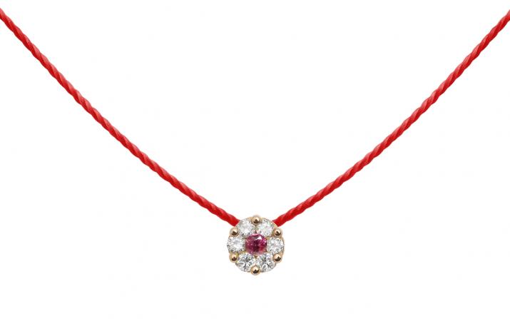 String necklace with white diamonds and a pink sapphire in rose gold cluster style setting - Redline - 0++