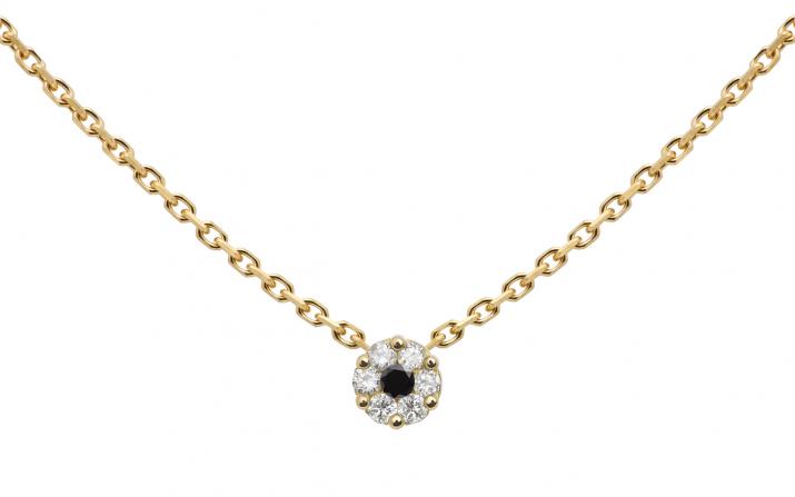 Chain necklace with white diamonds and a black diamond in yellow gold cluster style setting - Redline