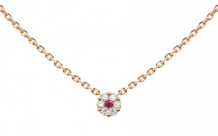 Chain necklace with white diamonds and a pink sapphire in rose gold cluster style setting - Redline - 0++