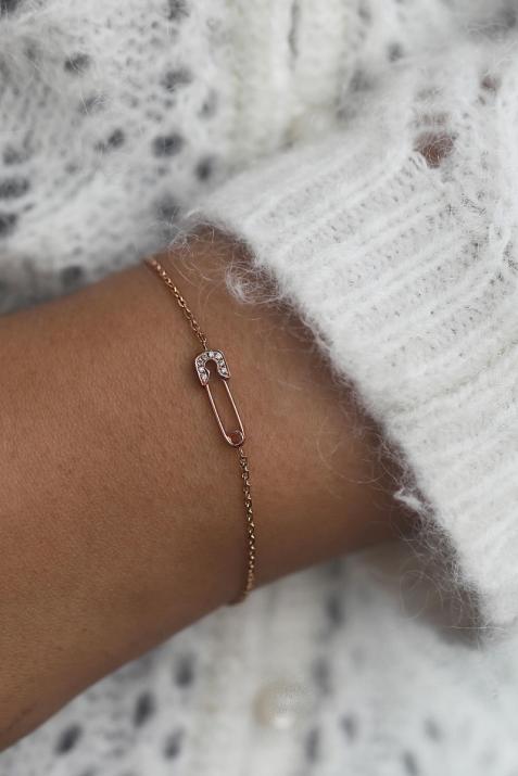 Rose gold chain bracelet with diamond-paved safety pin - Redline - 0++